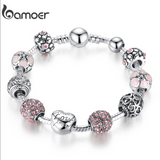 BAMOER Antique Silver Charm Bracelet & Bangle with Love and Flower Beads Women Wedding Jewelry 4 Colors 18CM 20CM 21CM PA1455