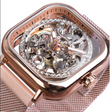 Hollow waterproof men's full automatic machine square ultra thin mesh belt mechanical watch