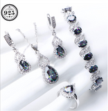 Natural Rainbow Jewelry Sets 925 Sterling Silver Stones Wedding Earrings For Women Stones Bracelet Necklace Rings Set Gifts Box