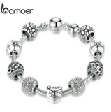 BAMOER Antique Silver Charm Bracelet & Bangle with Love and Flower Beads Women Wedding Jewelry 4 Colors 18CM 20CM 21CM PA1455