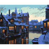 Hot winter snow town digital oil painting