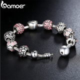 BAMOER Antique Silver Charm Bracelet & Bangle with Love and Flower Beads Women Wedding Jewelry 4 Colors 18CM 20CM 21CM PA1455