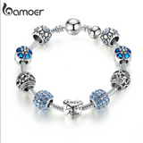 BAMOER Antique Silver Charm Bracelet & Bangle with Love and Flower Beads Women Wedding Jewelry 4 Colors 18CM 20CM 21CM PA1455