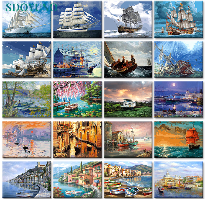 Painting By Numbers Ship Digital Painting Landscape Boat On Cavans Frameless DIY pictures by numbers
