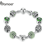 BAMOER Antique Silver Charm Bracelet & Bangle with Love and Flower Beads Women Wedding Jewelry 4 Colors 18CM 20CM 21CM PA1455